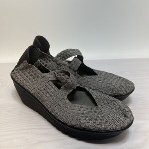BM BERNIE MEV Silver Gray Woven Weave Slip On Wedge Mary Jane Shoes Womens 42